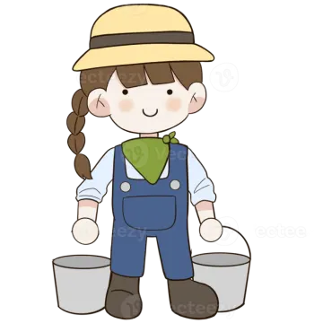 a woman in overalls and hat holding buckets
