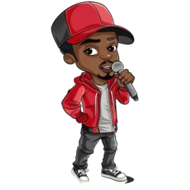 a cartoon drawing of a man in a red jacket and cap