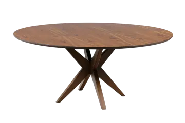 a round wooden table with two crossed legs