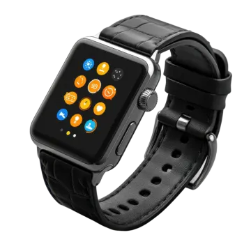 a smart watch with black leather band