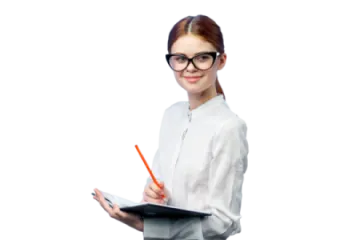 a woman in glasses holding a clipboard