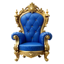 a blue and gold chair with a crown on it