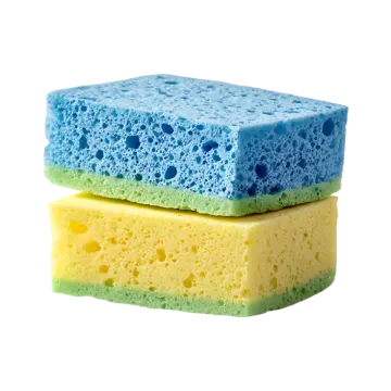 three different colored sponges on white background