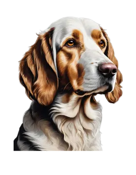 a painting of a brown and white dog