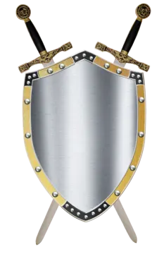 a silver and gold shield with two swords