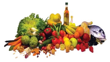 a pile of fruits and vegetables on a white background