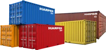 three different colored shipping containers