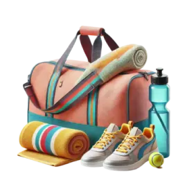 a pair of shoes, towel and water bottle on a white background