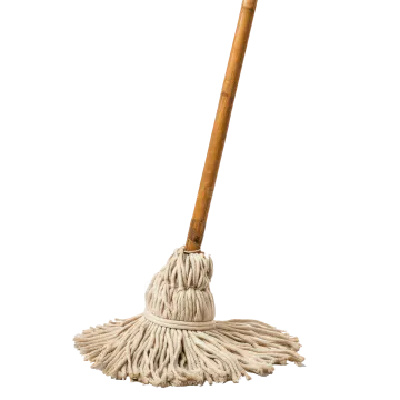 a white mop with a wooden handle