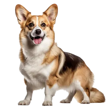 a brown and white dog with its tongue out