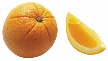 an orange with a slice cut in half