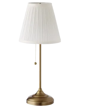 a brass table lamp with a white shade