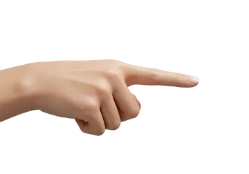 a hand pointing at something on a white background