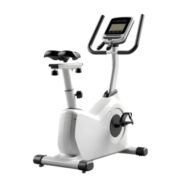 a white exercise bike with a tablet on it