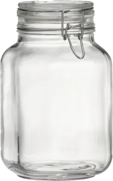 a clear glass jar with a metal clip