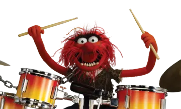 a red muppet playing drums