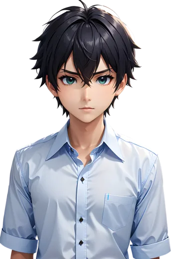 a man in a blue shirt and black hair