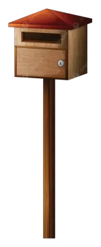 a wooden mailbox with a red roof