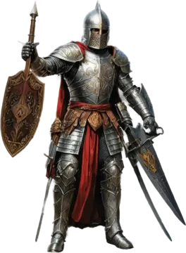 a man in armor holding a sword and shield