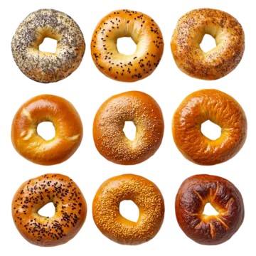 different types of bagels on white background