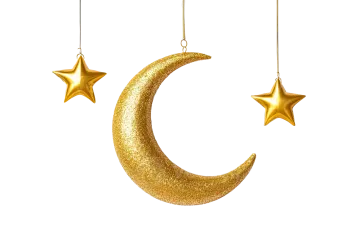 a gold crescent with stars hanging from it