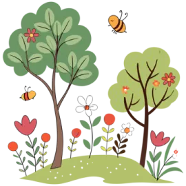 an illustration of two trees and a bee