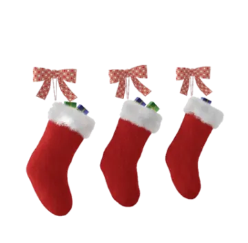 three red christmas stockings hanging on a white background