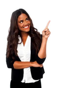 a woman pointing her finger at the camera