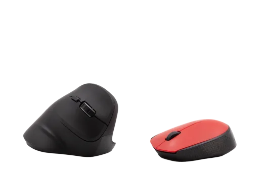 a red and black computer mouse on a white background