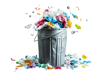 a trash can filled with crumpled paper