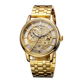 a gold watch with a white dial