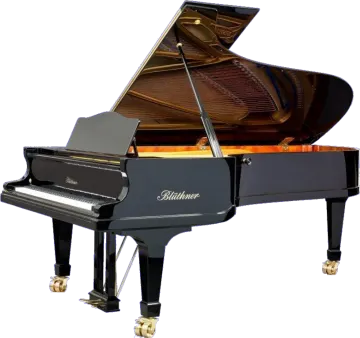 a grand piano with a black case