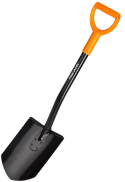 a black shovel with an orange handle