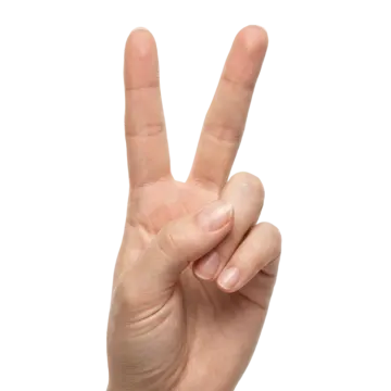 a person's hand making the peace sign