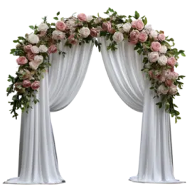 a white wedding arch with pink roses and greene