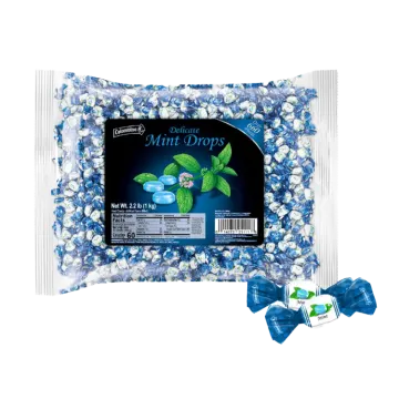 a bag of blue and white candy with a bow