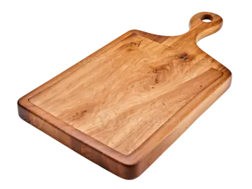 a wooden cutting board on a white background