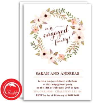 the floral wreath engagement party invitation is shown on a white background