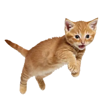 a small kitten is jumping in the air
