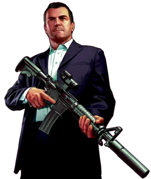 a man in a suit holding a rifle