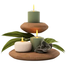 three candles and two stones on a white background