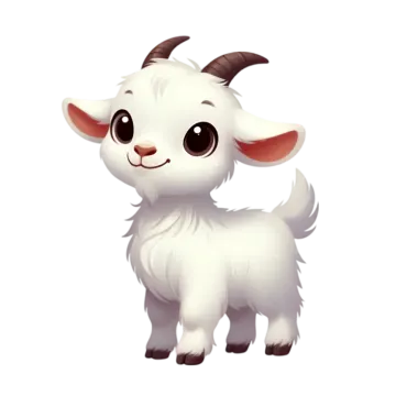 a white goat with brown ears and black eyes