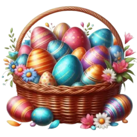 a basket full of colorful easter eggs