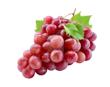 a bunch of red grapes with green leaves