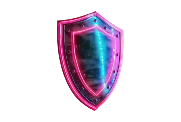 a pink and blue shield with neons on it