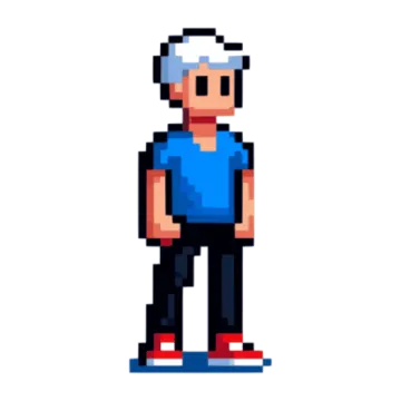 an illustration of a man in a blue shirt and black pants
