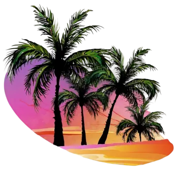 two palm trees on the beach at sunset