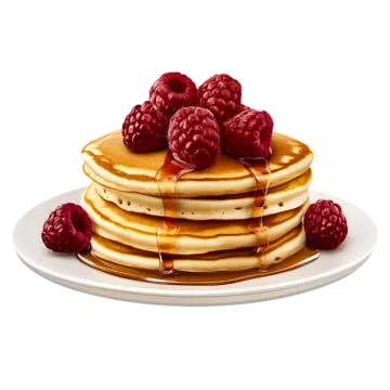 a stack of pancakes on a plate with raspberries