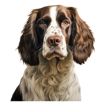 a painting of a brown and white dog