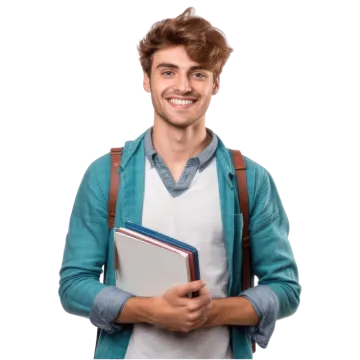 a young man holding a book and smiling at the camera